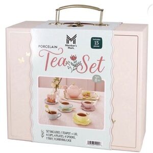Members Mark Porcelain Tea Set 15 Piece Pretend Play with Carrying Case